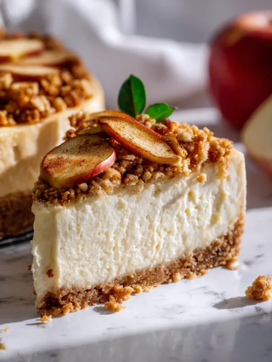 A slice of apple crumble cheesecake with apple slices and crumble topping on a marble surface.