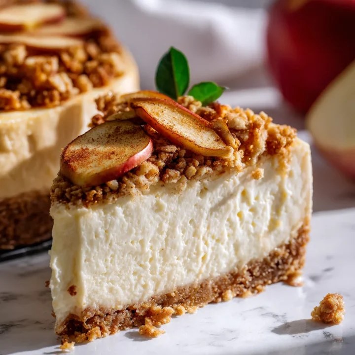 A slice of apple crumble cheesecake with apple slices and crumble topping on a marble surface.