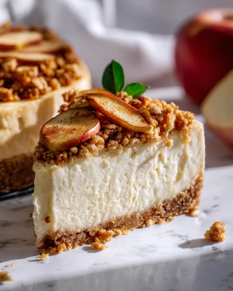 A slice of apple crumble cheesecake with apple slices and crumble topping on a marble surface.