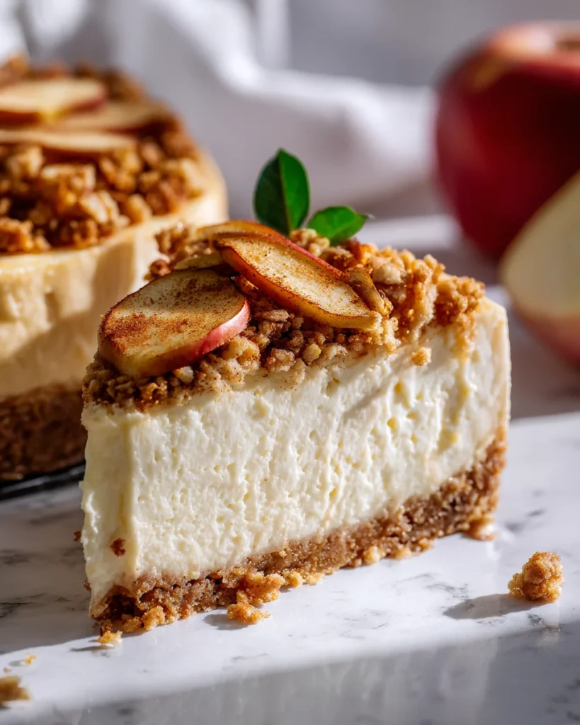 A slice of apple crumble cheesecake with apple slices and crumble topping on a marble surface.
