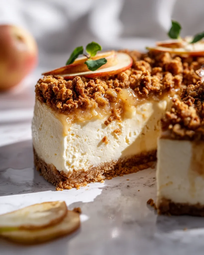 Whole apple crumble cheesecake with apple slices and golden crumble on top.