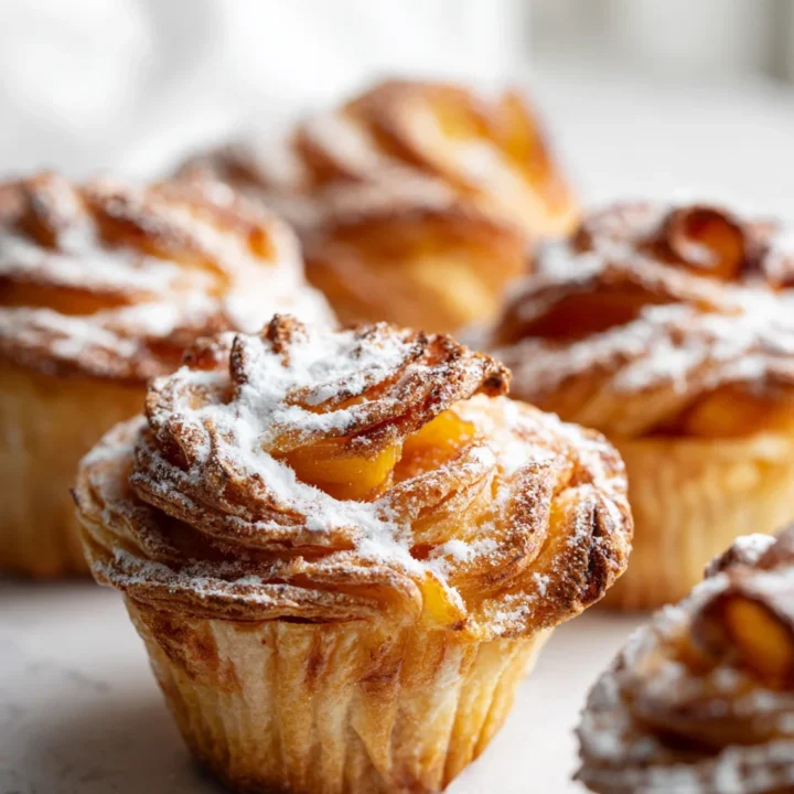 Bakery-style peach pie cruffins with peach filling and powdered sugar