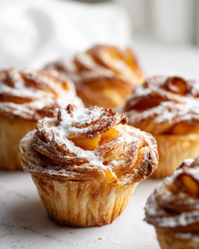 Bakery-style peach pie cruffins with peach filling and powdered sugar