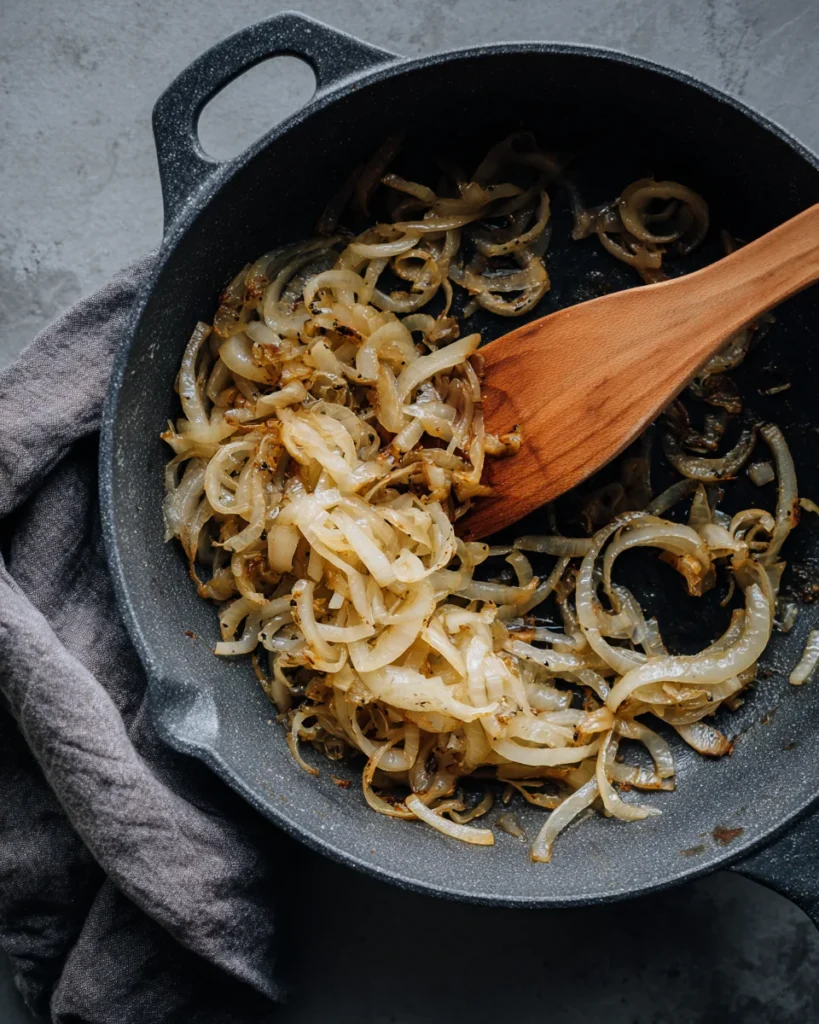 Caramelized onions cooking gently in a skillet, stirred with a wooden spoon