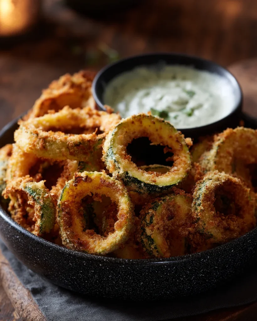 Bowl of golden parmesan zucchini rings with creamy green herb dipping sauce.