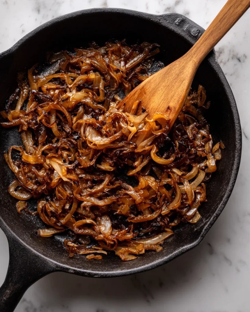 Deep golden caramelized onions cooking in a cast-iron skillet