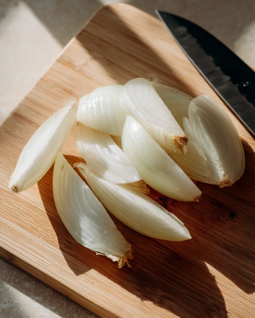 Fresh white onion slices on a wooden cutting board, ready to caramelize
