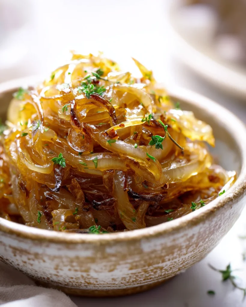 Bowl filled with glossy golden caramelized onions topped with fresh herbs