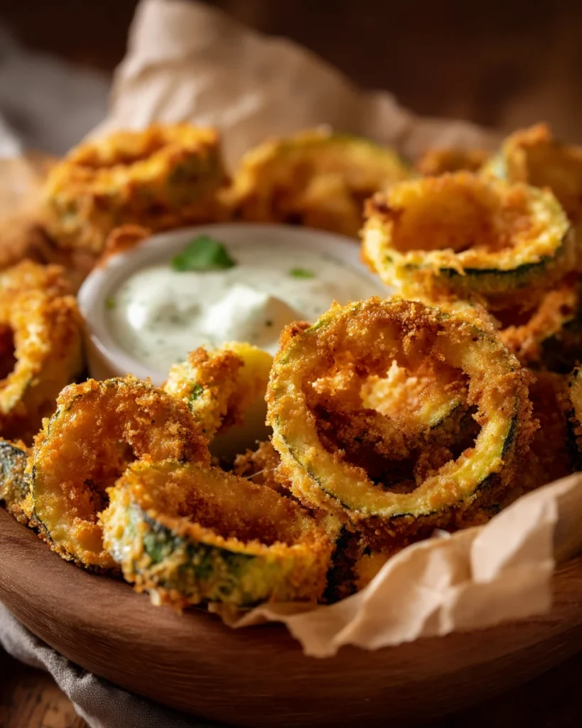 Golden fried parmesan zucchini rings in a wooden bowl with creamy dipping sauce.