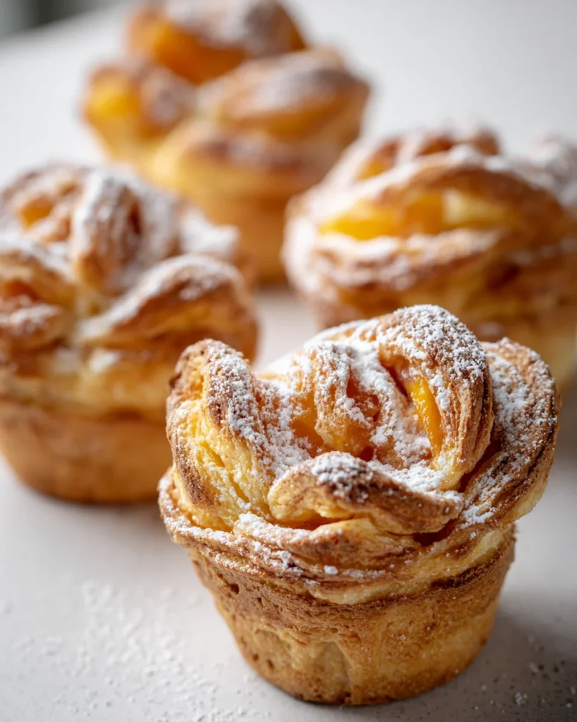 Golden brown peach pie cruffins with flaky layers and powdered sugar