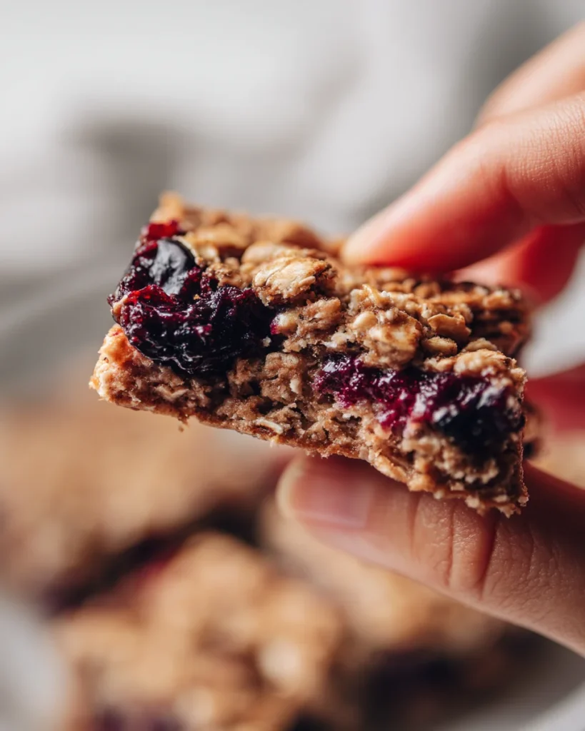 Close-up of a hand holding a no bake blueberry oat bar with blueberry filling and oat layers