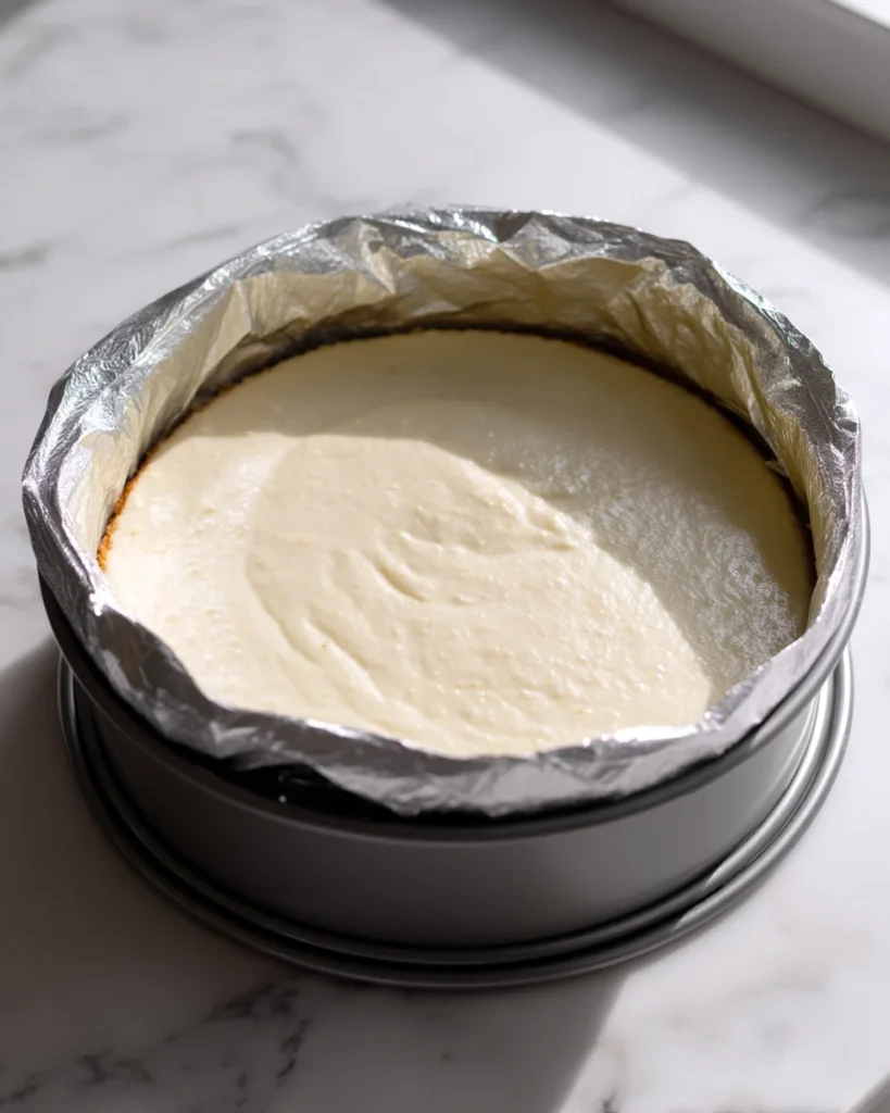 Foil wrapped springform pan filled with Light Cloud Cake batter in a water bath, overhead.