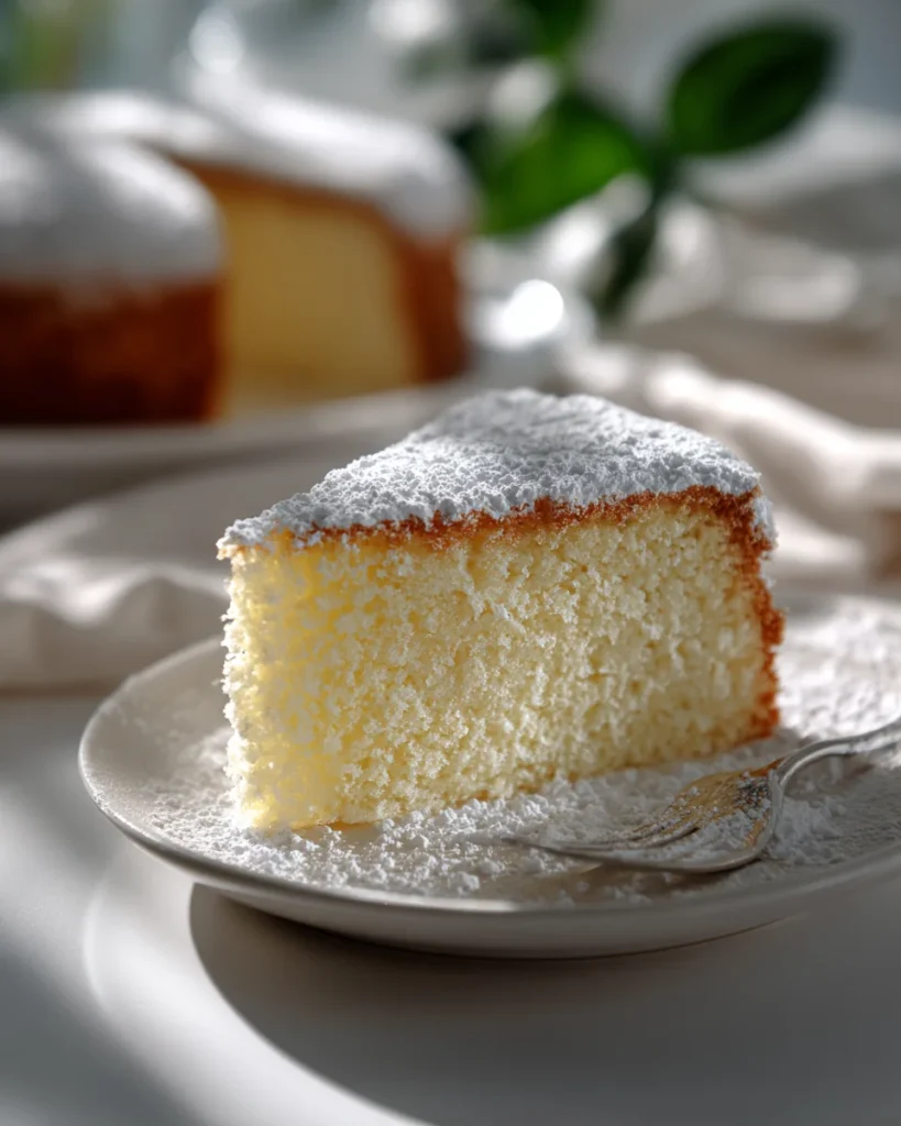 Close up of a Light Cloud Cake slice with powdered sugar and a small fork on the plate.