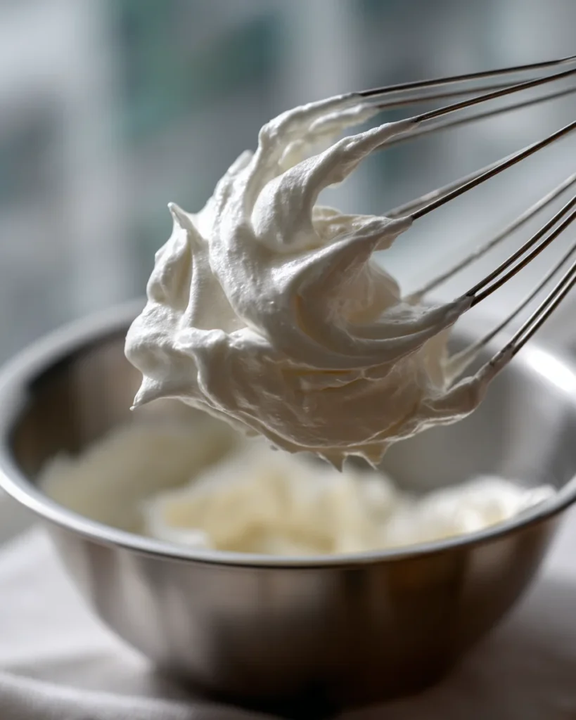 Glossy medium peaks meringue on a whisk over a stainless steel bowl for Light Cloud Cake.