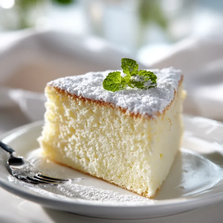 Single slice of Light Cloud Cake dusted with powdered sugar on a white plate, soft crumb visible.