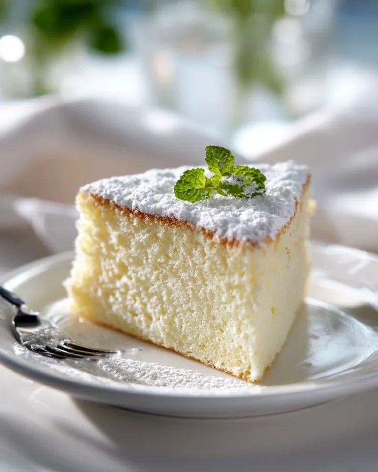 Single slice of Light Cloud Cake dusted with powdered sugar on a white plate, soft crumb visible.