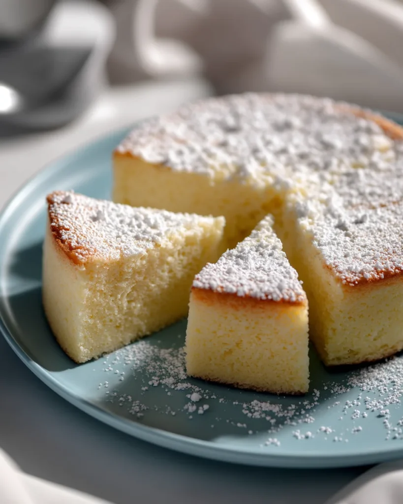 Whole Light Cloud Cake on a blue plate with one slice removed and a dusting of powdered sugar.