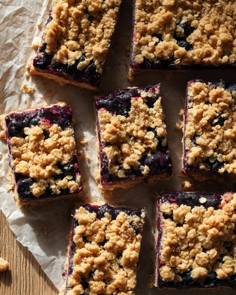 No bake blueberry oat bars cut into squares on parchment paper with crumbly oat topping