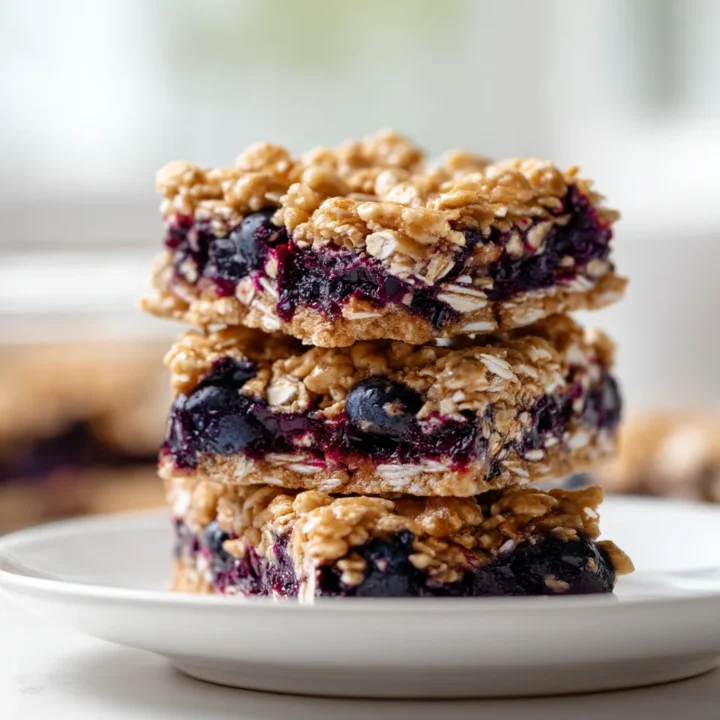 Stack of three no bake blueberry oat bars on a white plate with chewy oats and juicy blueberry filling