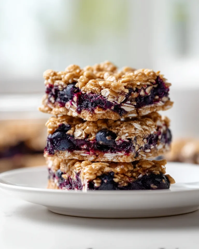 Stack of three no bake blueberry oat bars on a white plate with chewy oats and juicy blueberry filling