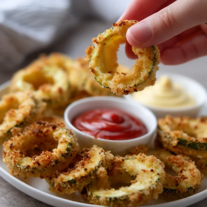 Hand holding a crispy parmesan zucchini ring with ketchup and mayo dip on a plate.