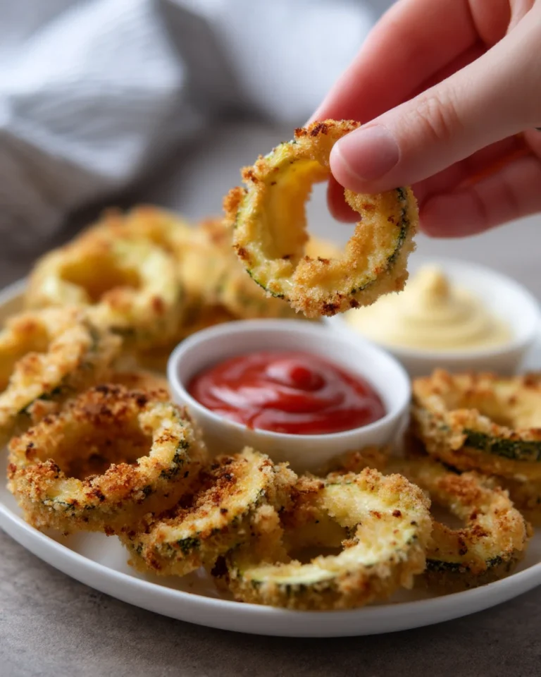 Hand holding a crispy parmesan zucchini ring with ketchup and mayo dip on a plate.