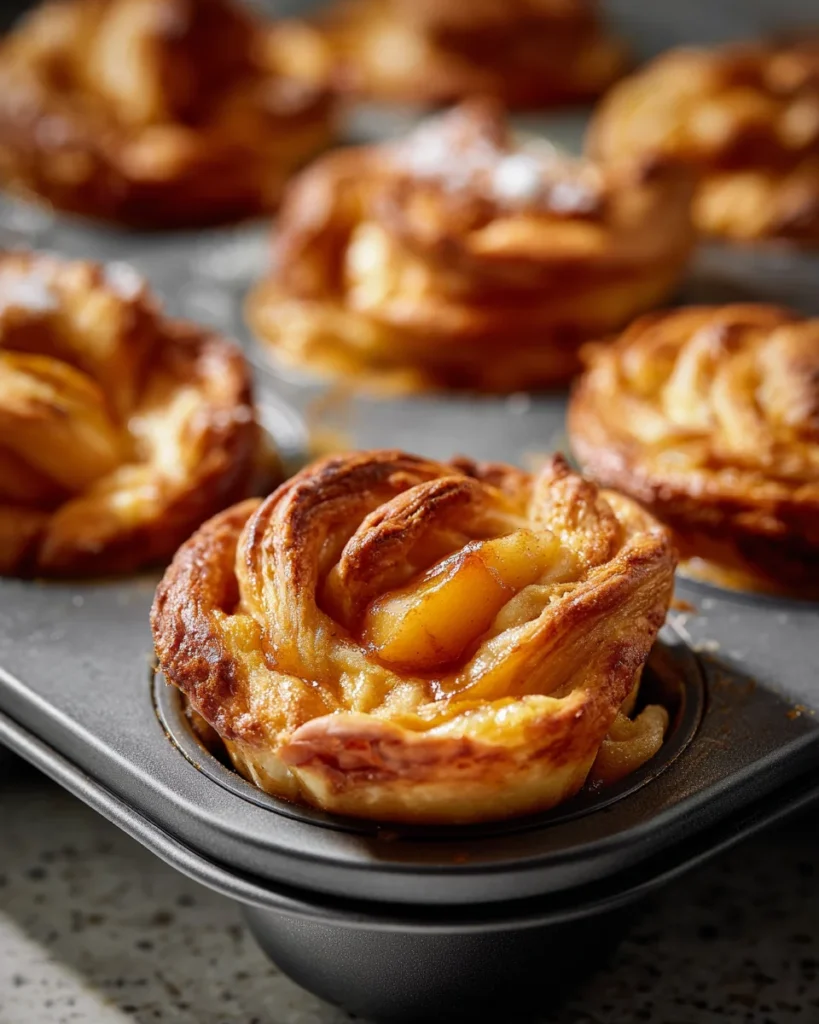 Freshly baked peach pie cruffins in a muffin tin with golden pastry layers