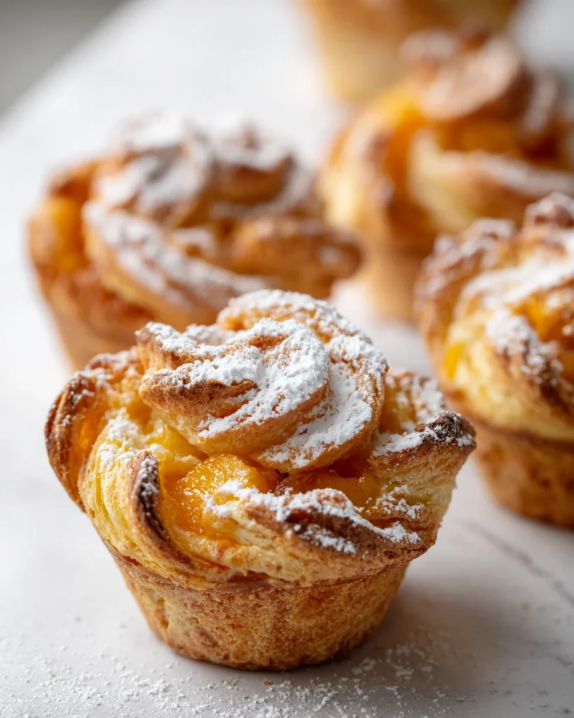 Peach pie cruffins topped with powdered sugar on a marble surface