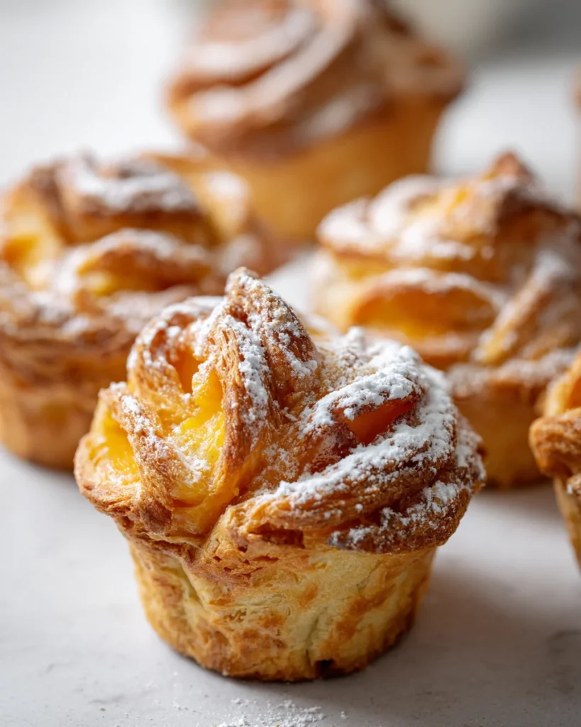 Flaky peach pie cruffin dusted with powdered sugar on a white surface