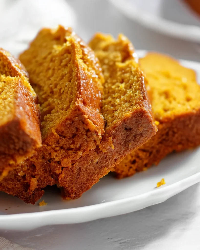 Close-up of pumpkin bread slices with moist golden crumb on a white plate