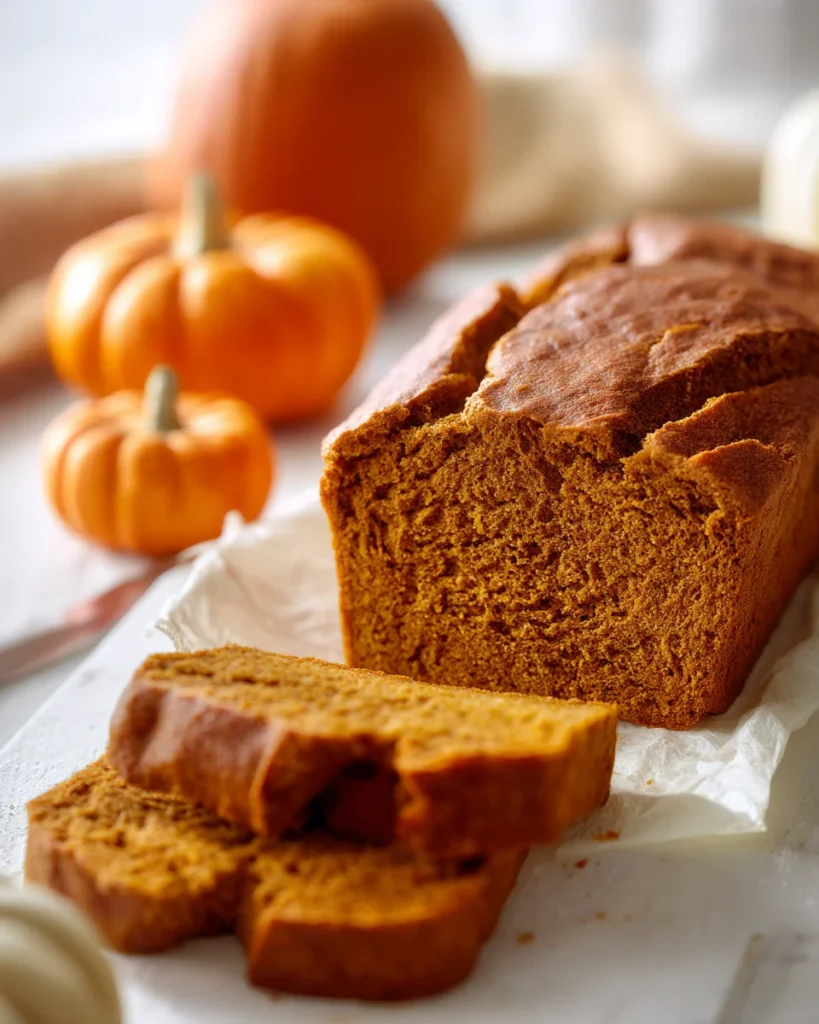 Pumpkin bread loaf with slices cut, surrounded by small pumpkins in bright natural light