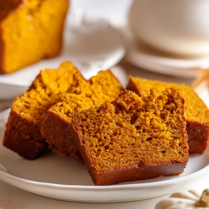 Pumpkin bread slices on a white plate showing moist golden crumb in bright natural light