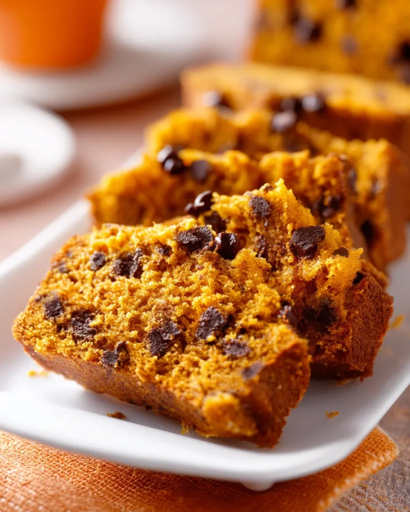 Pumpkin bread with chocolate chips sliced on a white serving dish in warm light