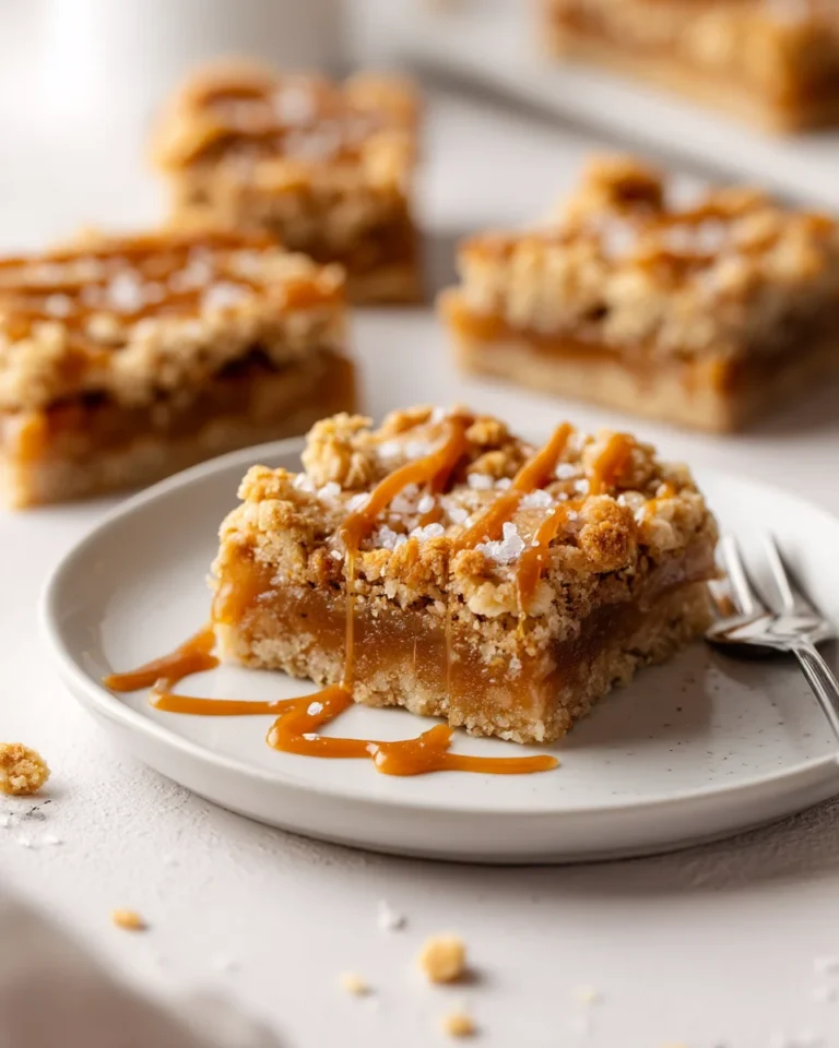 Salted caramel apple bar on a white plate with sea salt and caramel ribbons, small dessert fork, soft background.