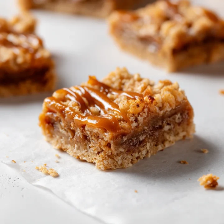 Single salted caramel apple bar on white parchment, crisp oat crumb, defined layers, scattered crumbs.