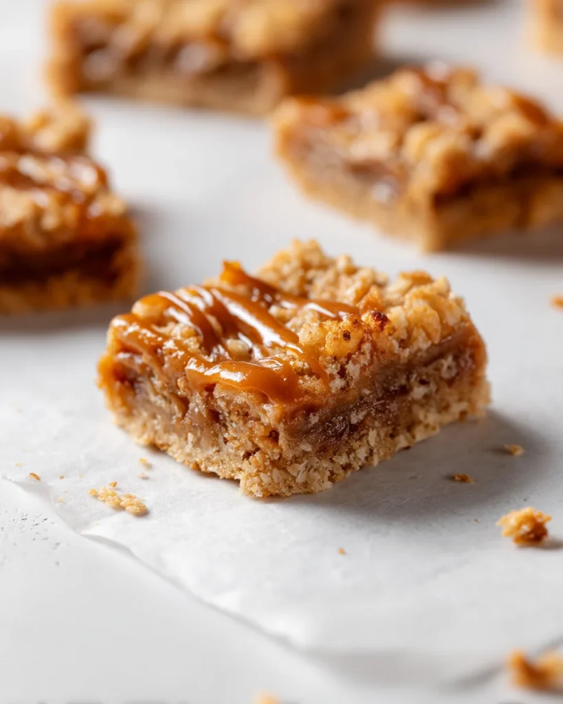 Single salted caramel apple bar on white parchment, crisp oat crumb, defined layers, scattered crumbs.	