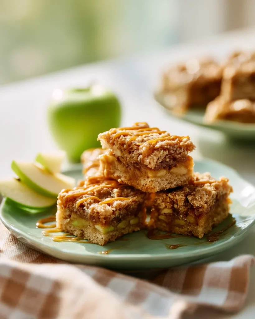 Caramel apple bars stacked on a green plate, green apple and gingham cloth in soft window light.	