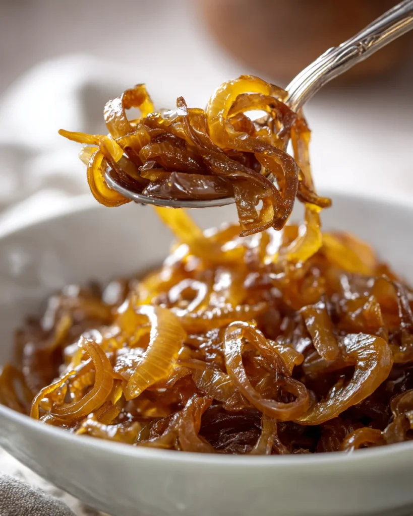 Spoon lifting rich golden caramelized onions from a white bowl