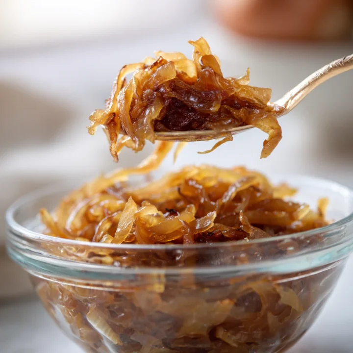 Glass bowl filled with sweet, golden caramelized onions, spoon lifting some onions