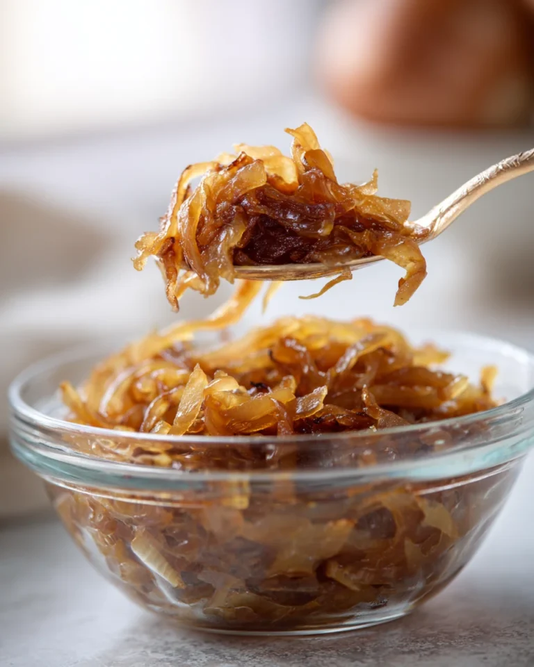 Glass bowl filled with sweet, golden caramelized onions, spoon lifting some onions