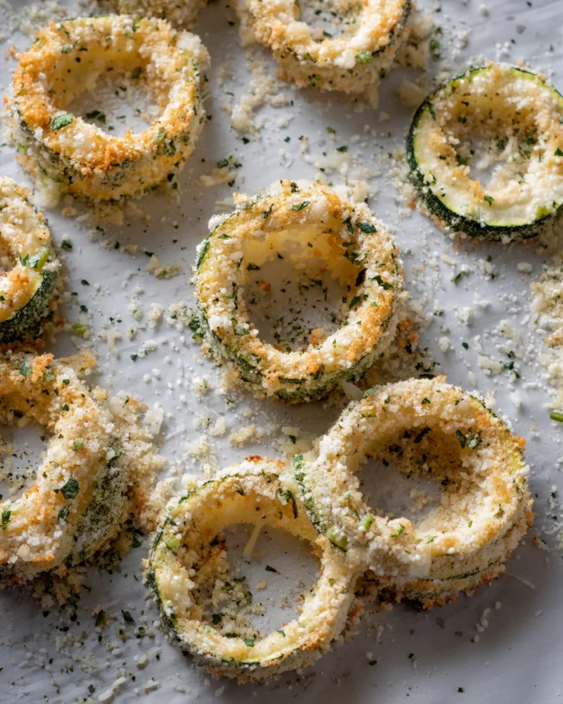 Unbaked parmesan zucchini rings coated with breadcrumbs on parchment paper.